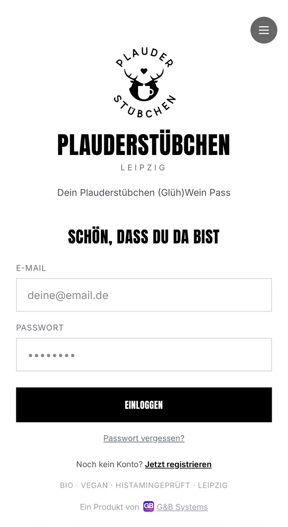Anmeldebildschirm der Stempelkarte im Auftritt des Plauderstübchens