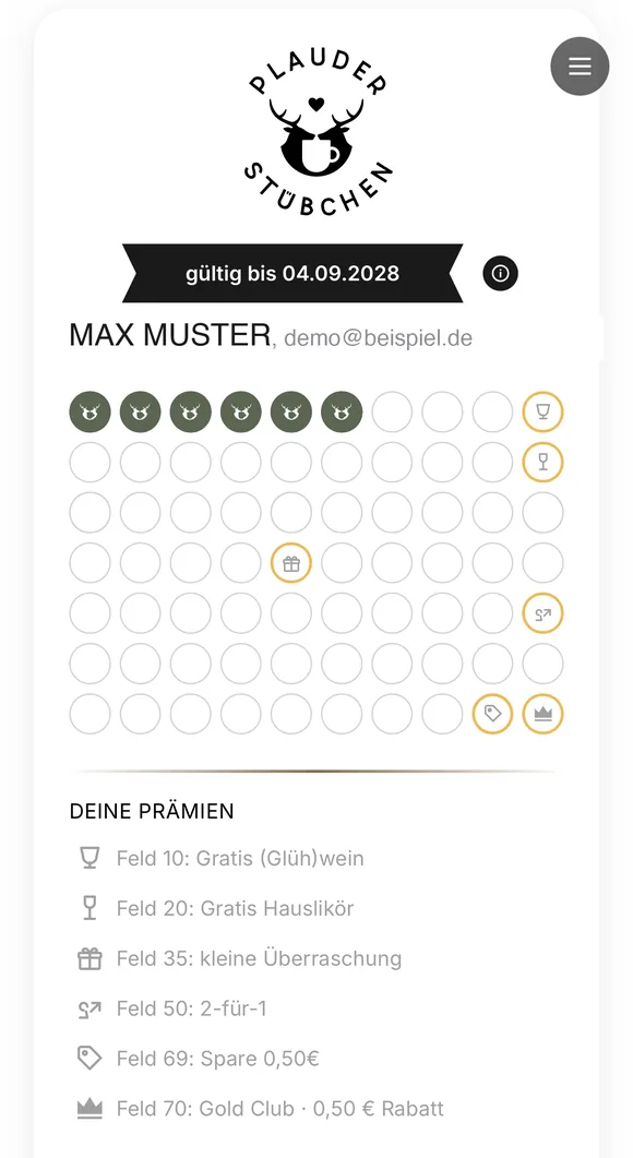 Stempelkarte mit mehreren gestempelten Feldern, darunter die Prämienliste