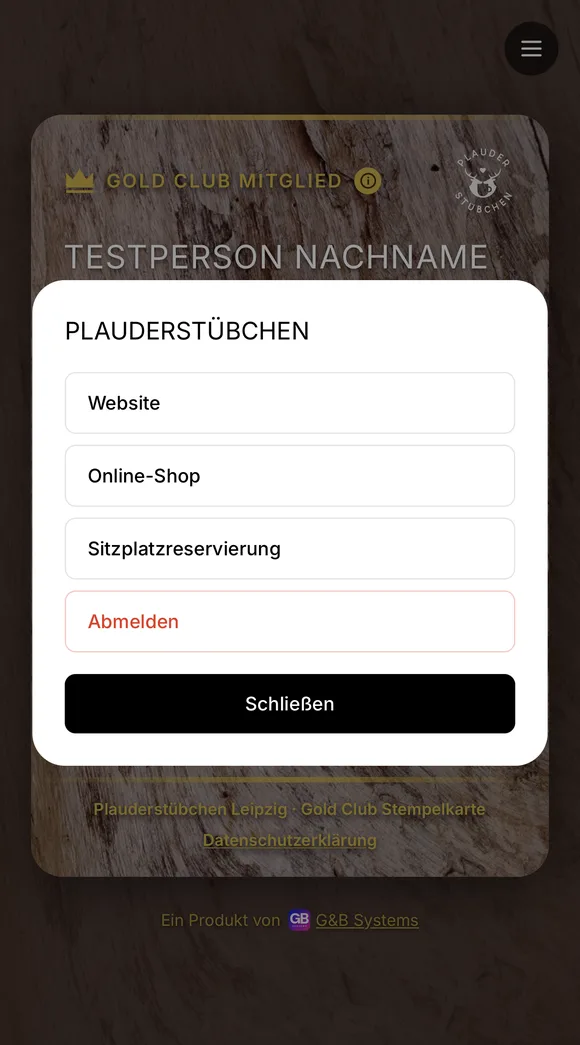 Menü in der App mit Verweisen auf Website, Online-Shop und Sitzplatzreservierung