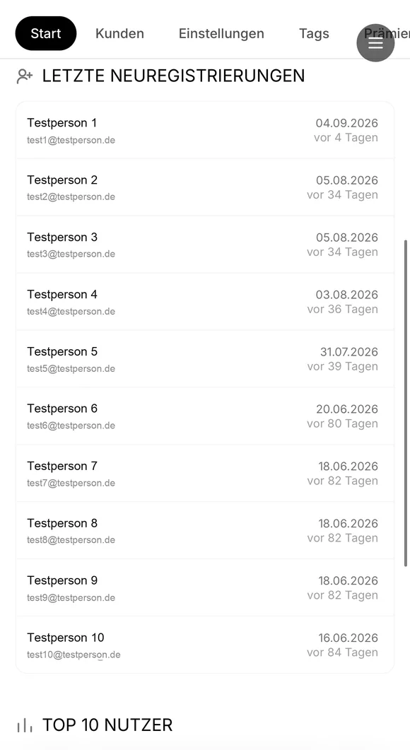 Liste der letzten Neuregistrierungen mit Name, E-Mail und Datum aus einem Demokonto