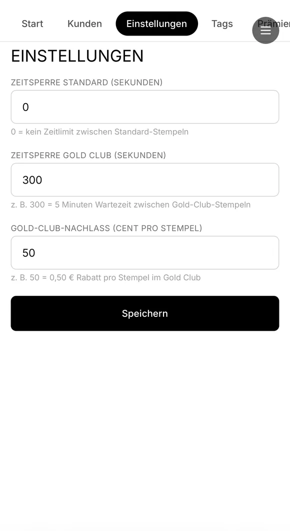 Einstellungen: Wartezeit zwischen Stempeln und Nachlass im Gold Club