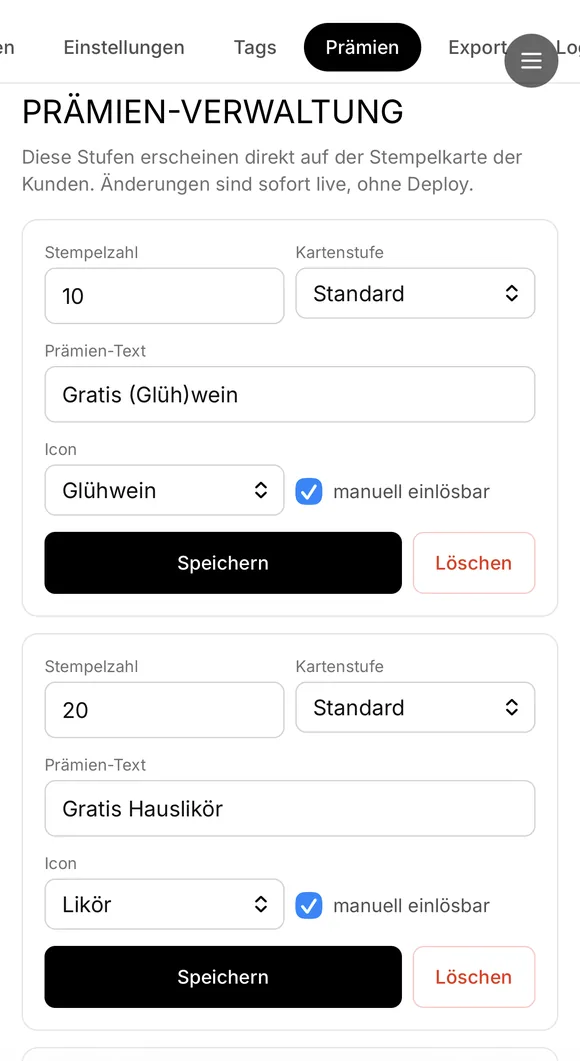 Prämien-Verwaltung: Stempelzahl, Text und Symbol je Prämie direkt änderbar