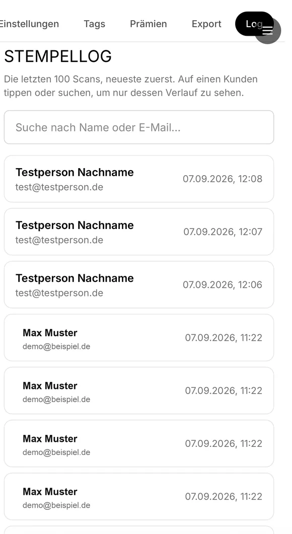 Stempellog der letzten Scans mit Zeitpunkt, Namen und Adressen aus einem Demokonto